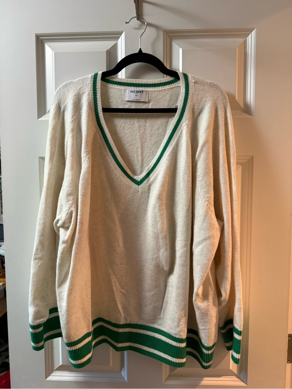 Old Navy Cream V-Neck Sweater with Green Trim